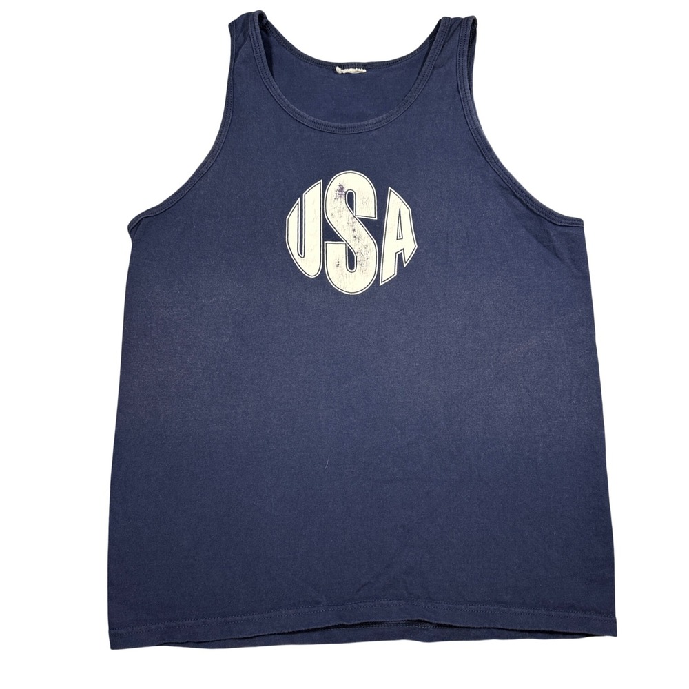 Vintage USA Graphic Tank Top Mens Navy Blue Sleeveless Shirt Distressed Large